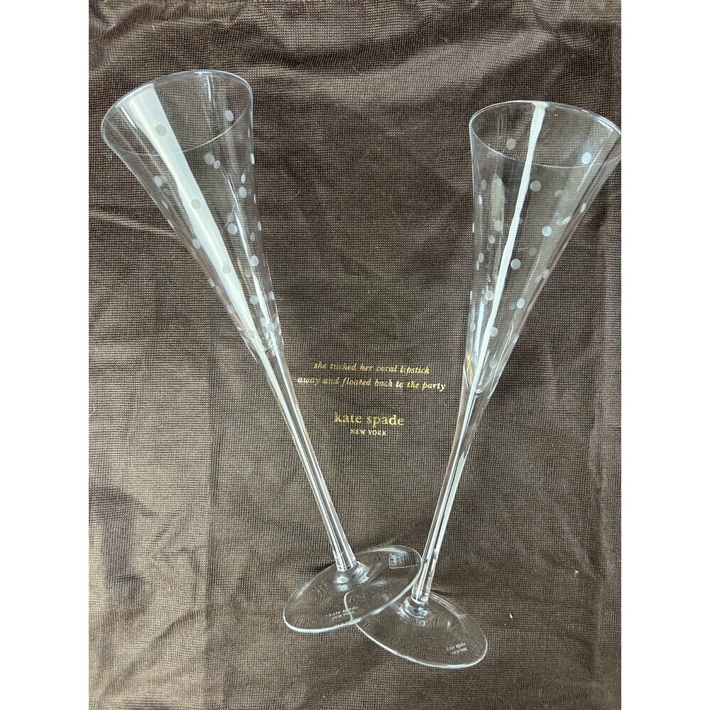 Kate Spade New York Lenox Etched Champagne Flutes Polka Dot Clear Stem Glasses 2